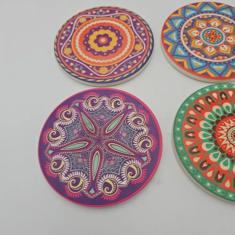 Stone Coaster Set w Cork Ceramic‎ For Drink Table Decor Bar Beautiful Colorful